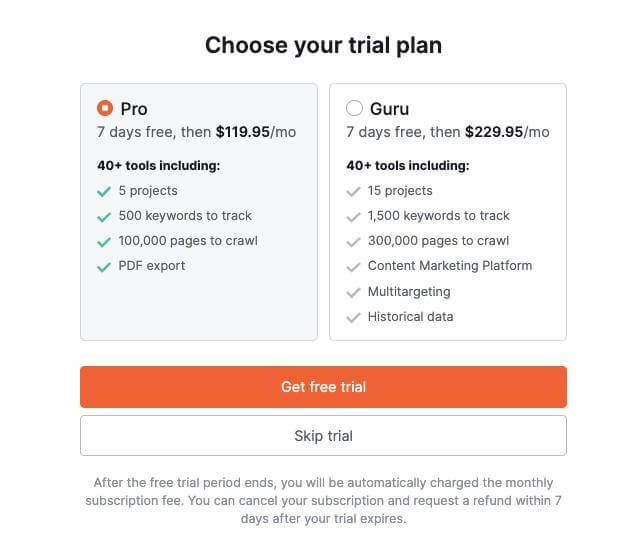 Choose SEMrush Plan